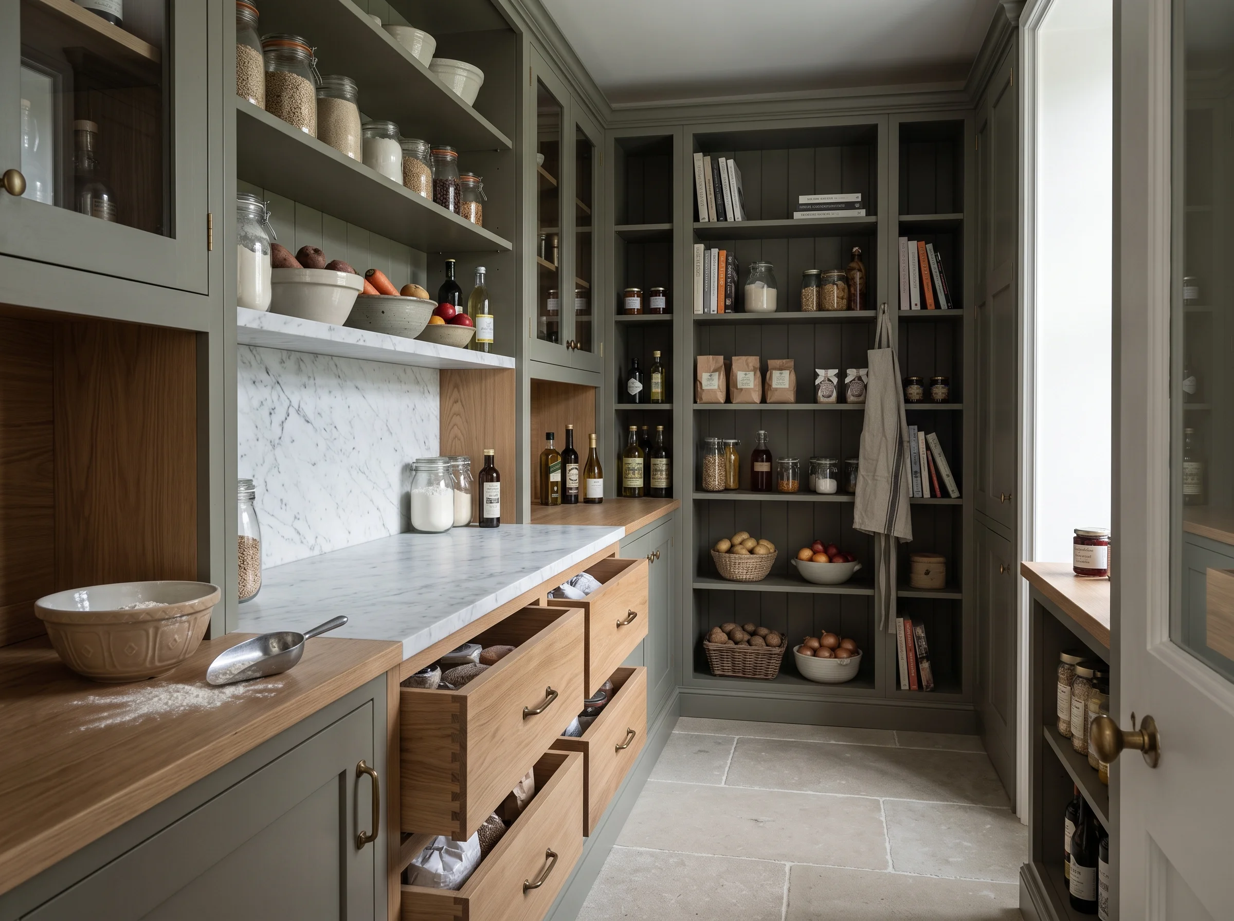 Walk-in pantry with floor-to-ceiling shaker cabinetry, oak drawers and a marble cold shelf lit by borrowed daylight