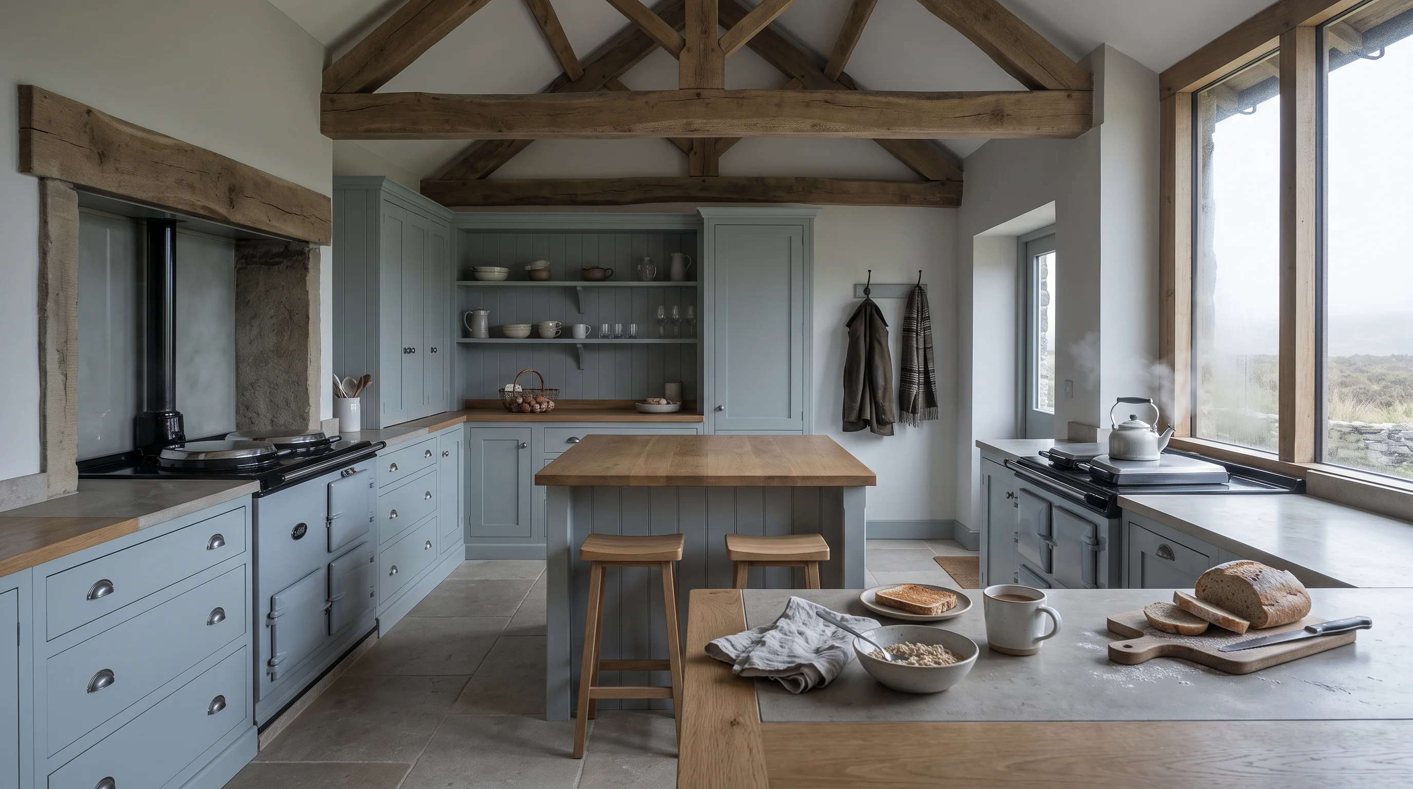 Shaker kitchen in a barn conversion at breakfast, unbleached plaster walls and honed stone under overcast light