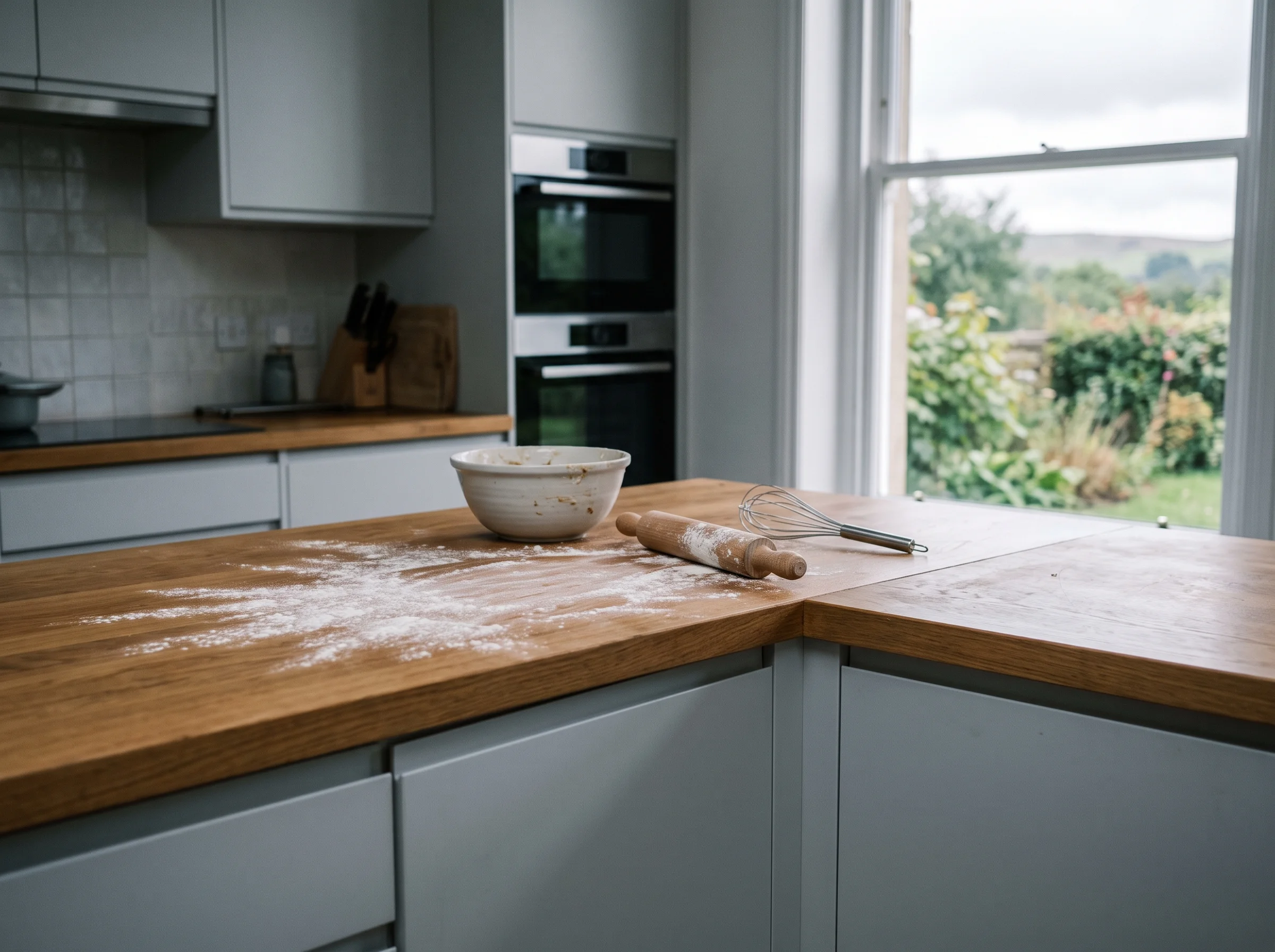 Handleless kitchen in a gritstone semi, flour dusted across the oak worktop in cool daylight