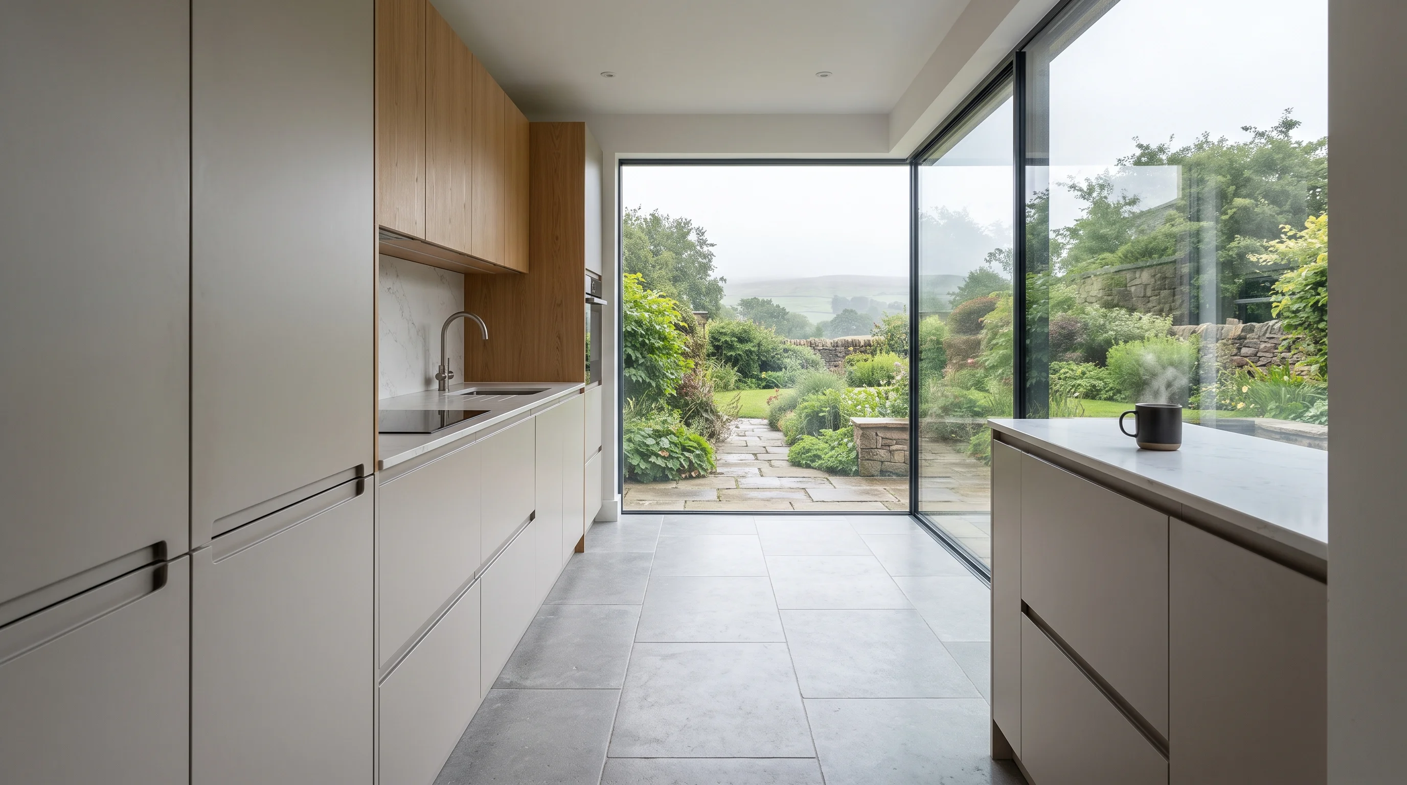 Handleless kitchen in a remodelled 1970s house, the worktop running level toward a full-height window onto the garden