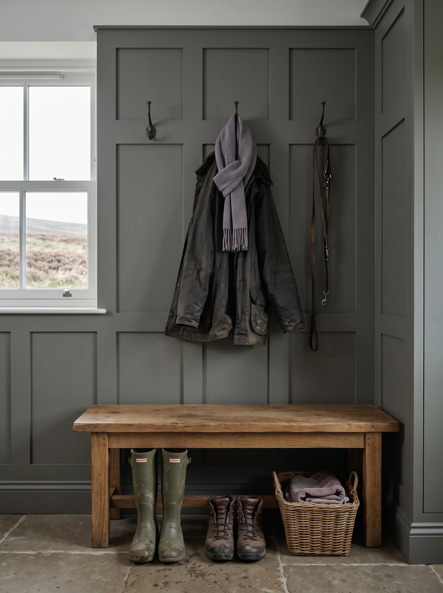 Bespoke boot room with painted panelling and an oak bench, a waxed coat hanging and boots beneath in grey morning light