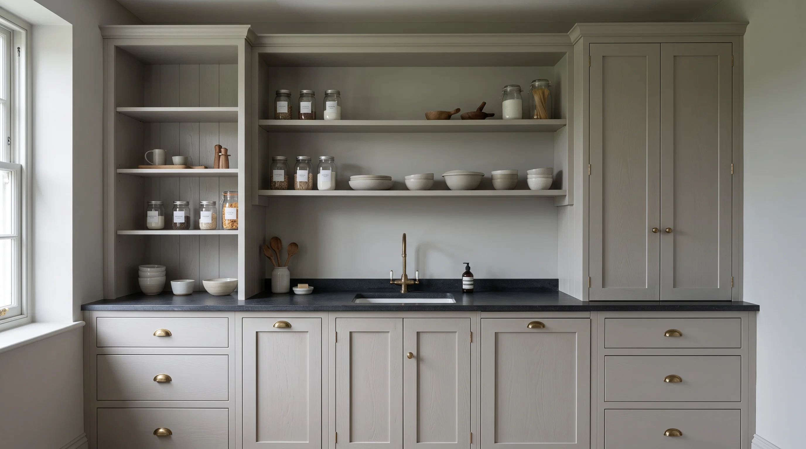 The built pantry kitchen photographed square-on from the same viewpoint as its pencil elevation, oak and honed stone in cool daylight