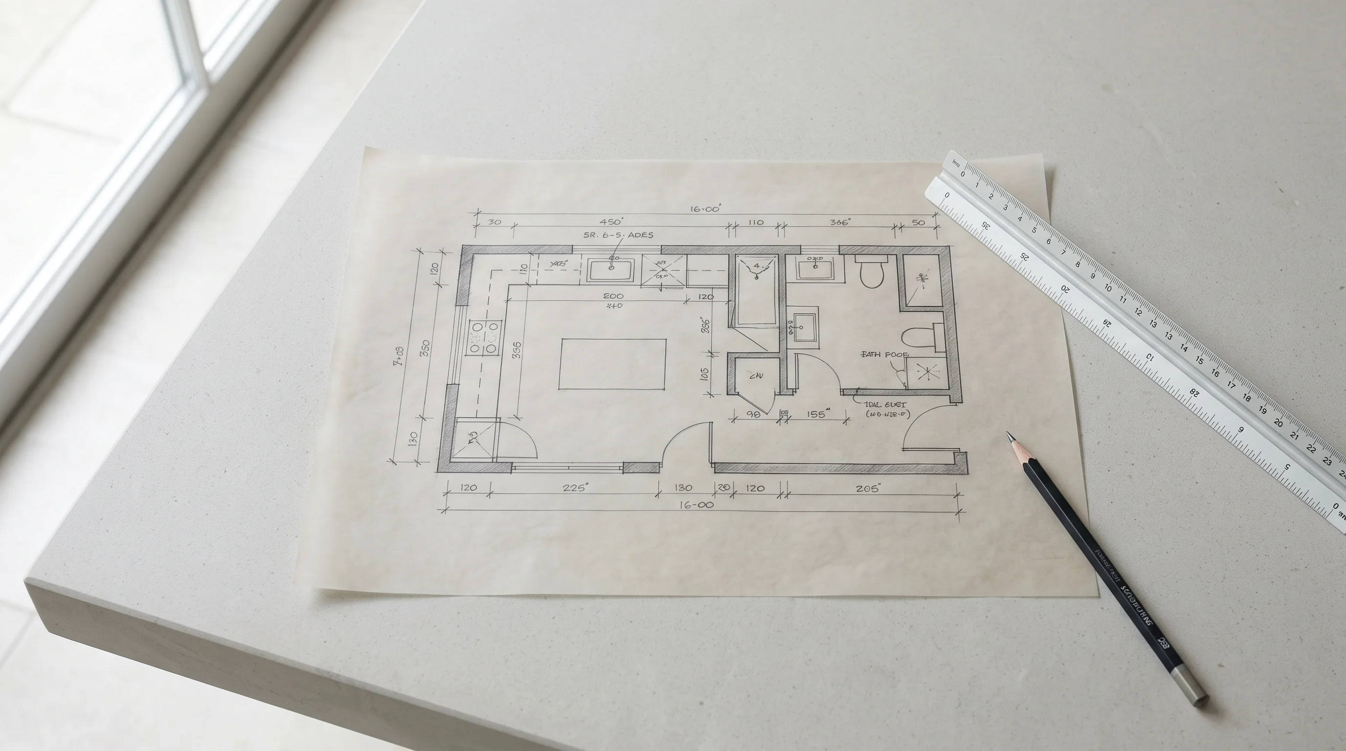 A pencil site survey drawn on trace paper with handwritten dimensions, a steel scale rule and a sharpened pencil resting across the sheet