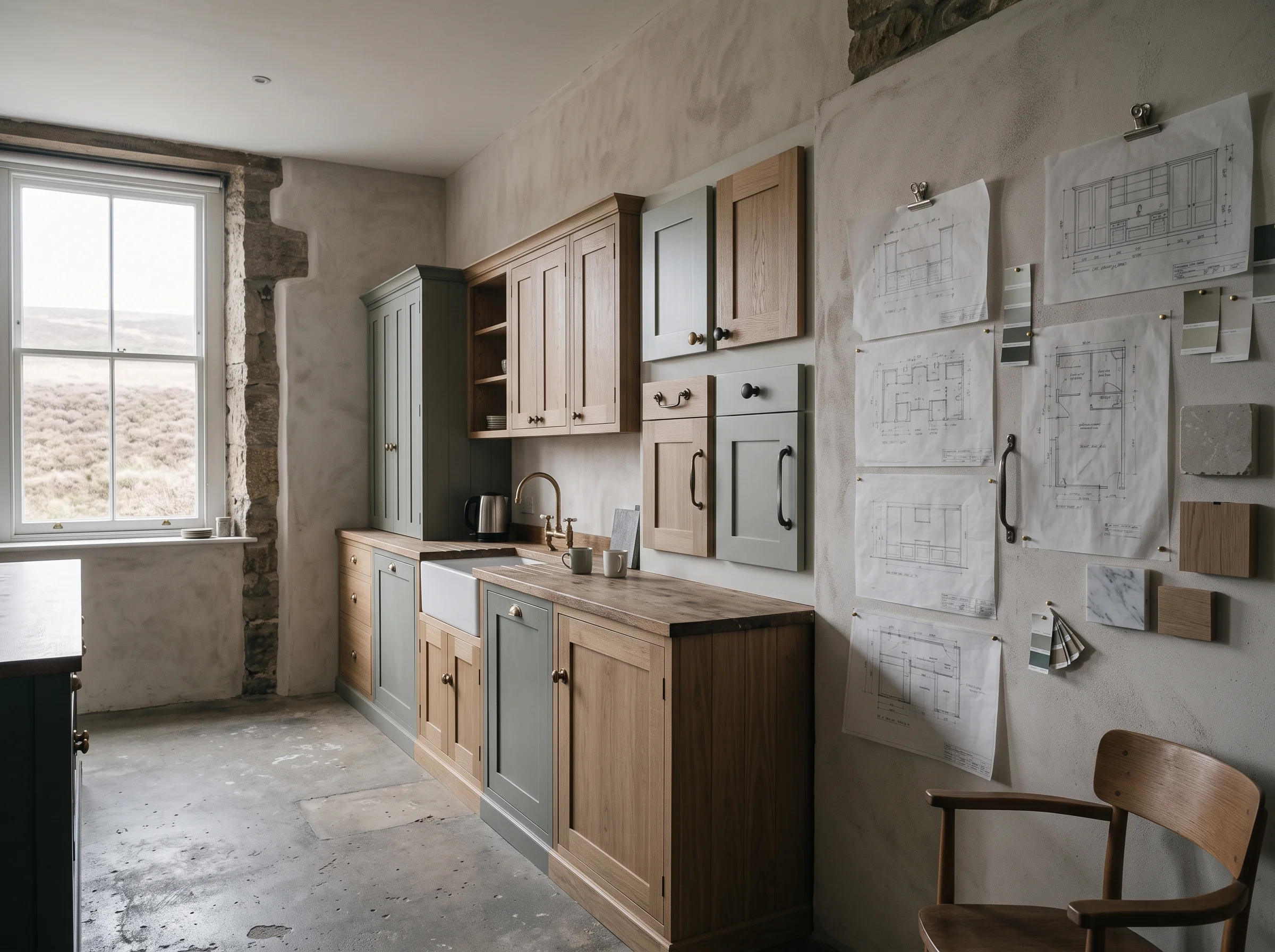 The Harlow & Vane showroom on a grey morning — a handleless display run, limewash shaker sample doors leant against the wall and pencil drawings pinned above a workbench